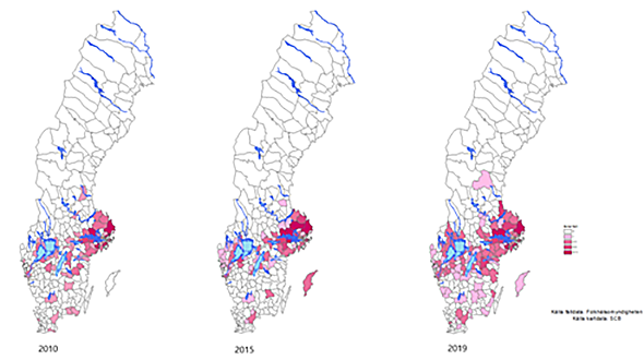 Antal smittade TBE-fall per kommun 2010, 2015 respektive 2019.