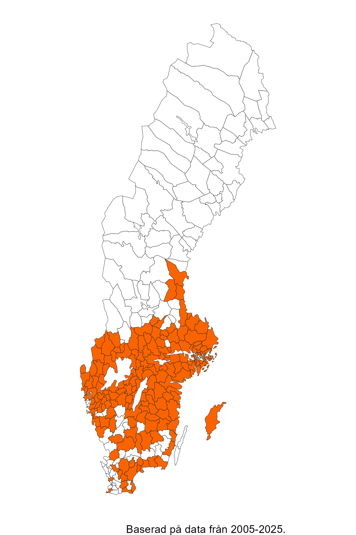 Majoriteten av kommunerna i G&ouml;taland och Svealand har f&ouml;rh&ouml;jd f&ouml;rekomst av TBE, information finns i omkringliggande text.