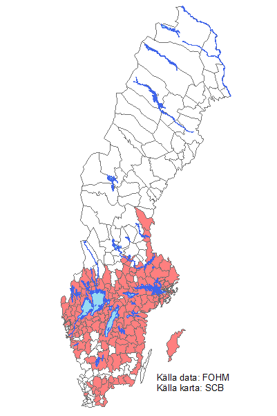 Majoriteten av kommunerna i Götaland och Svealand har förhöjd förekomst av TBE, information finns i omkringliggande text.