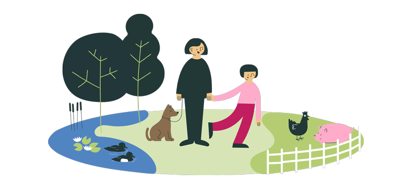 An adult and a child with a dog in the nature. Illustration.