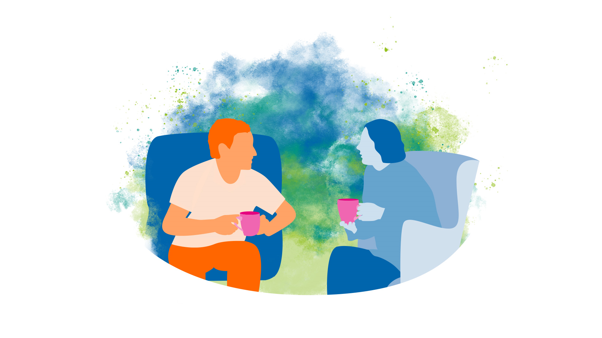 En bild som visar tv&aring; personer som sitter bredvid varandra i varsin f&aring;t&ouml;lj med varsin kopp varm dryck i handen och samtalar. 