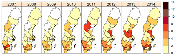 Inhemsk incidens av rapporterad EHEC 2007-2014. Färgskalan symboliserar antalet fall per 100 000 invånare. Län markerade med vit färg hade inte några rapporterade EHEC-fall det aktuella året