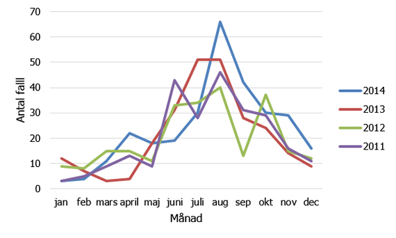 Säsongsvariation av inhemska fall av EHEC redovisade per månad under år 2011-2014