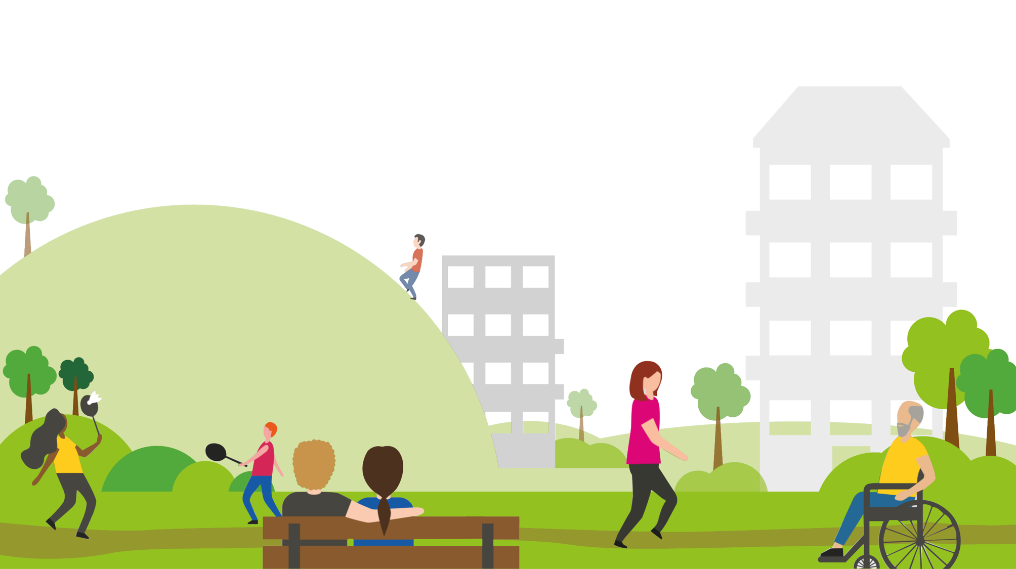 Illustration p&aring; barn och vuxna som &auml;r i en stadspark