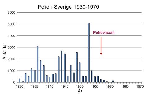 Stapeldiagrammet visar hur antalet poliofall varierade per år 1930-1970, mellan 0 och över 5000 fall.