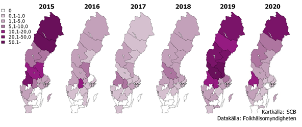 Kartor över fördelningen av harpest i landet. Norrland och Värmland dominerar.