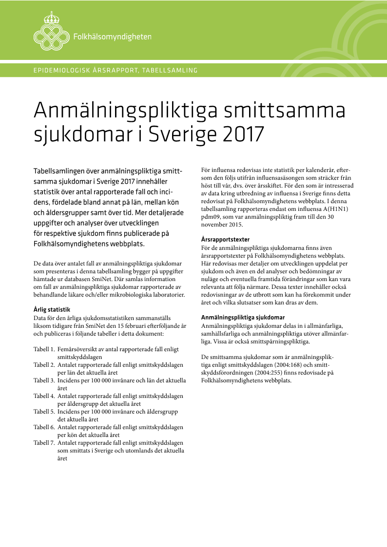 Anmälningspliktiga smittsamma sjukdomar i Sverige 2017 – Epidemiologisk årsrapport, tabellsamling