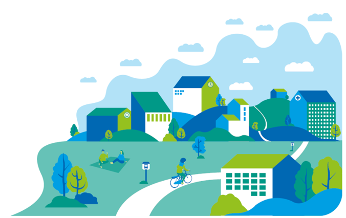 Illustration av gr&ouml;nskande stadsmilj&ouml; med cykelbana.