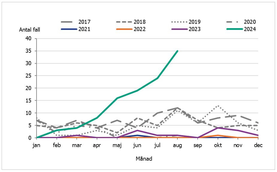 Antalet fall av kikhosta per m&aring;nad bland barn yngre &auml;n 1 &aring;r &auml;r stigande och fler &auml;n period &aring;ren 2017-2023. I augusti 2024 rapporterades 35 fall.