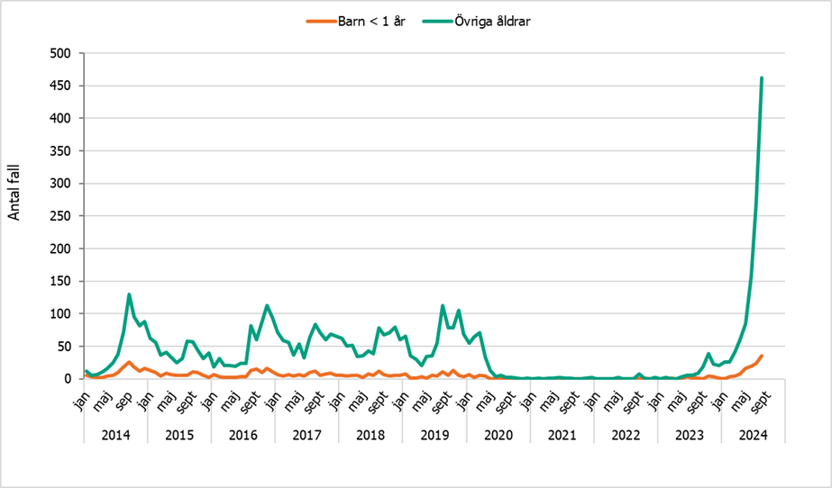 Fall av kikhosta &ouml;kar bland barn. Fler fall har rapporterats 2024 j&auml;mf&ouml;rt med motsvarande period sedan 2014.