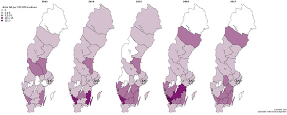 Kartor som visar incidens av ehec 2013-2017 för fall smittade i Sverige
