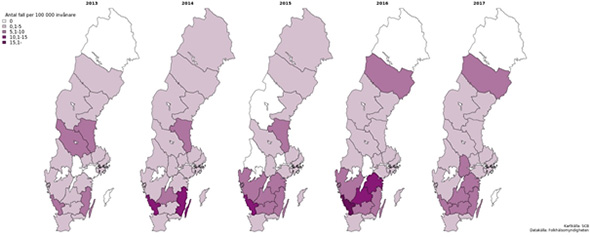 Kartor som visar incidens av ehec 2013-2017 för fall smittade i Sverige