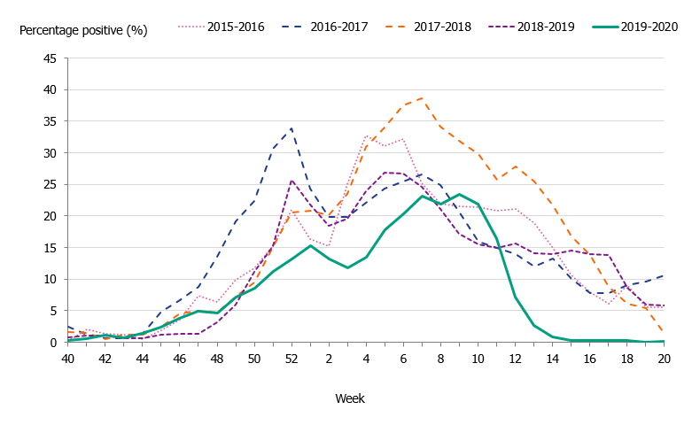 Graph showing the percentage of samples testing positive for influenza, per week, 2015–2020.