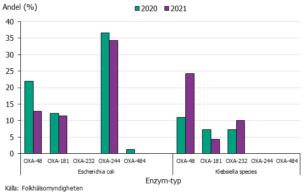 Stapeldiagrammet visar fördelningen av enzymtyper i OXA-48 gruppen identifierade i E. coli och  K. pneumoniae under åren 2020 och 2021. Hos isolat av E. coli är  OXA-244 den enzymtyp som varit vanligast medan OXA-48 varit vanligast hos isolat med K. pneumoniae. Källa: Folkhälsomyndigheten.