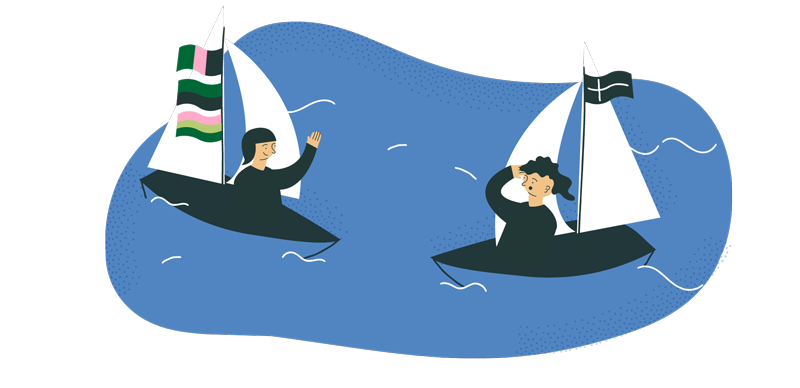 Two persons in boats with different flags saying hello. Illustration.