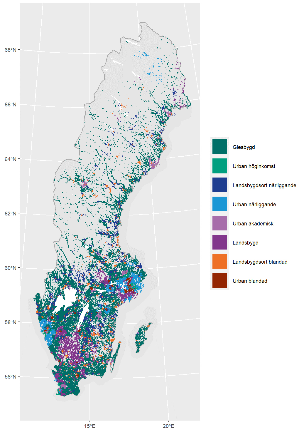 Figur 2 visar en karta över Sverige samt fördelningen av olika områdestyper i Sverige. 