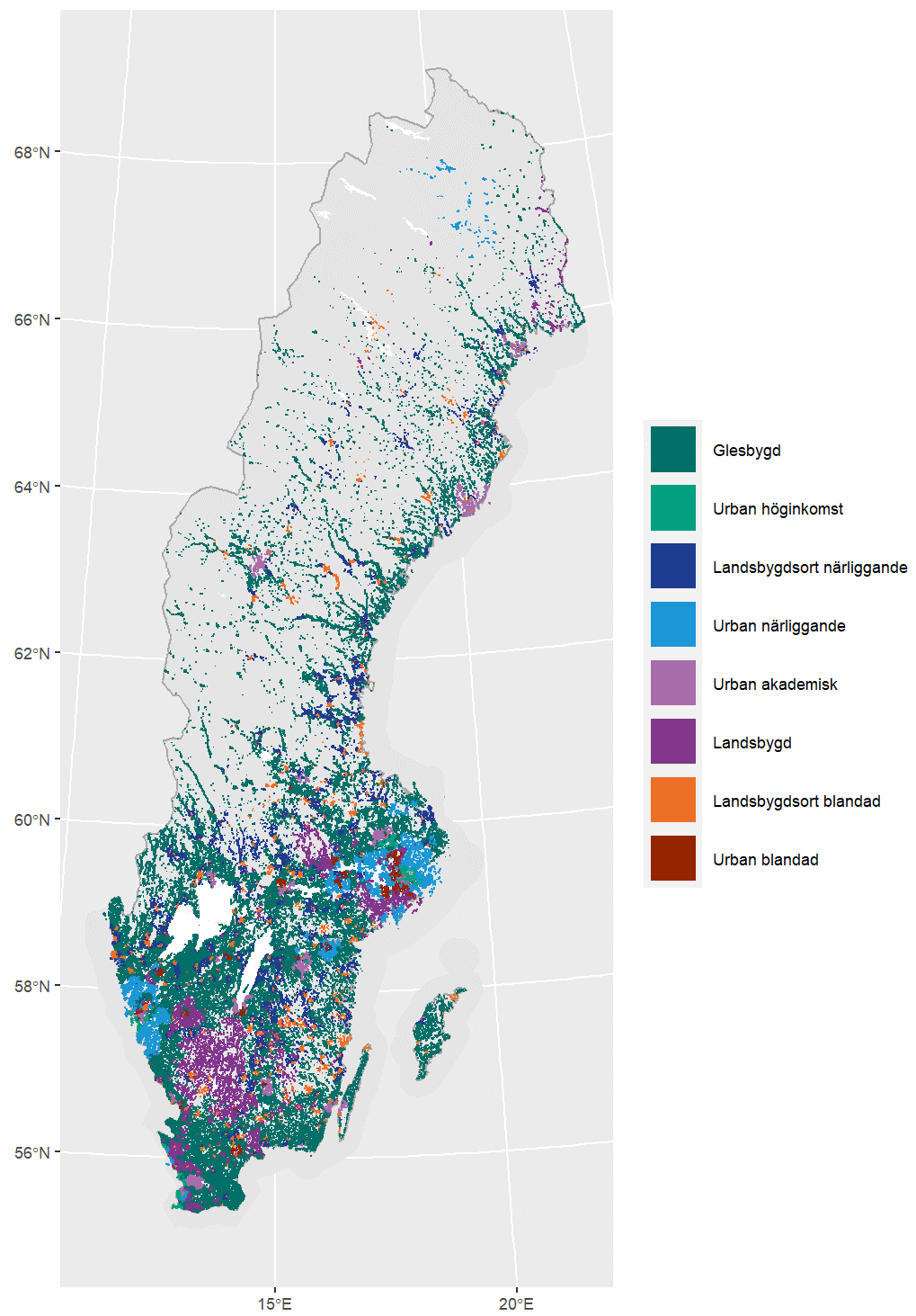 Figur 2 visar en karta över Sverige samt fördelningen av olika områdestyper i Sverige.
