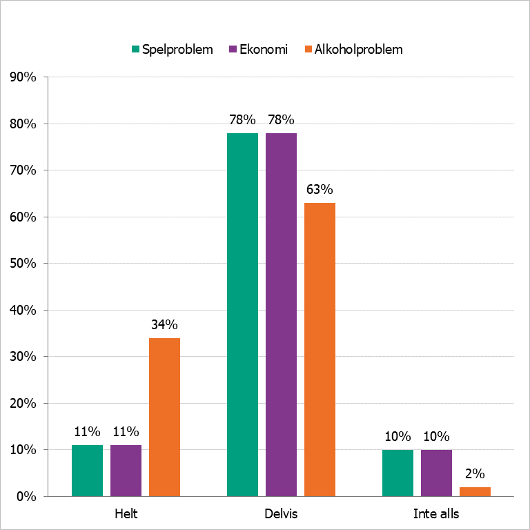 11% har helt och 78% har delvis tillräckliga kunskaper om spel och ekonomi. 34% har helt tillräckliga kunskaper om alkohol.