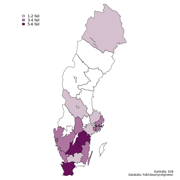 Fördelning av antal fall i Sverige.
