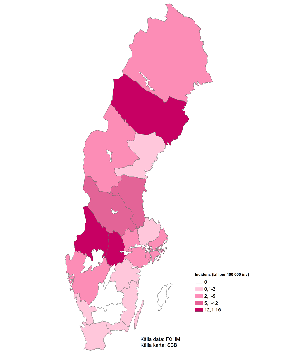 Sverigekarta som visar incidensen av rapporterade harpestfall i olika regioner under 2021. Färgen är mörkare där incidensen är högre och mörkast färgade är regionerna Värmland, Västerbotten och Örebro. Några regioner är ofärgade och därifrån rapporterades inga fall under 2021. Källa data: Folkhälsomyndigheten. Källa karta: SCB.
