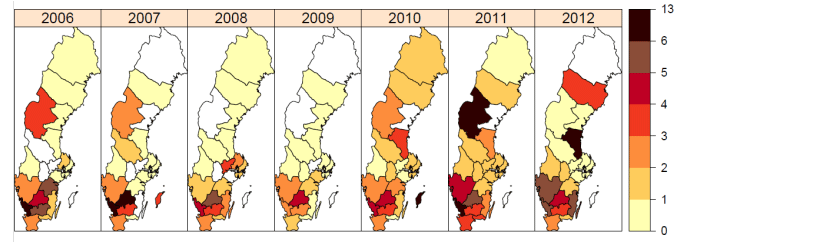 Figur 3a: Inhemsk incidens av ehec 2006-2012. Färgskalan symboliserar antalet fall per 100 000 invånare. Län markerade med vit färg hade inte några rapporterade ehec-fall det aktuella året.