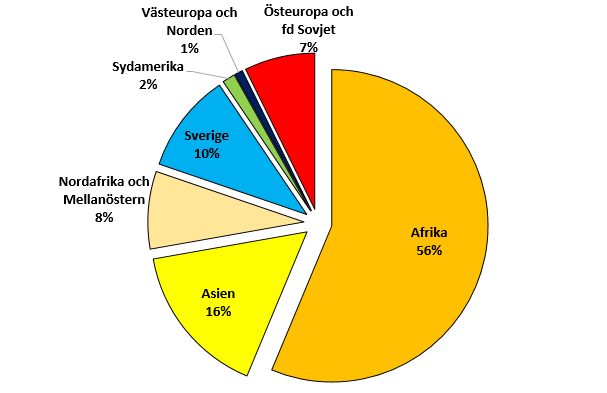 Figur 4: Rapporterade fall av tuberkulos i Sverige 2015 (n=835) per ursprung