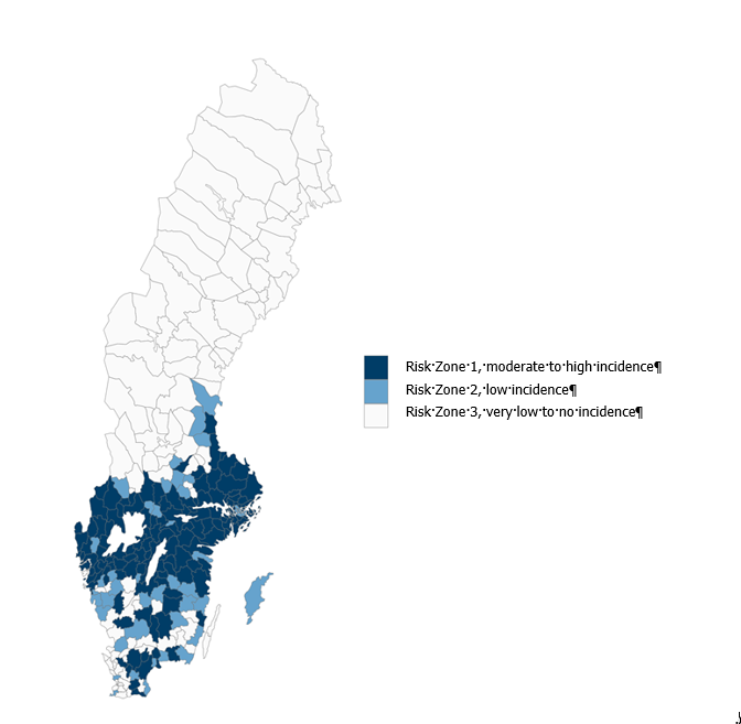 I Sverige finns TBE s&ouml;der om Dal&auml;lven,  i G&ouml;taland och Svealand.