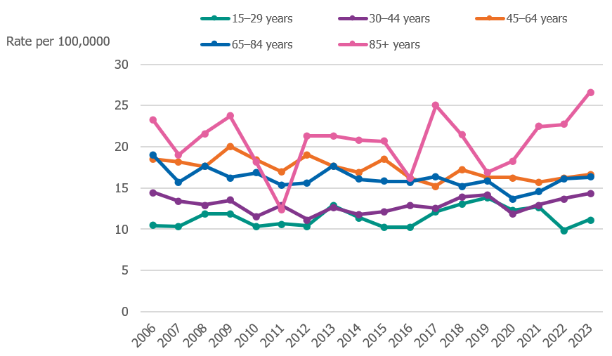 The last 20 years the decrease in suicide rates has slowed down. Among some age groups, even a slight increase could be seen.