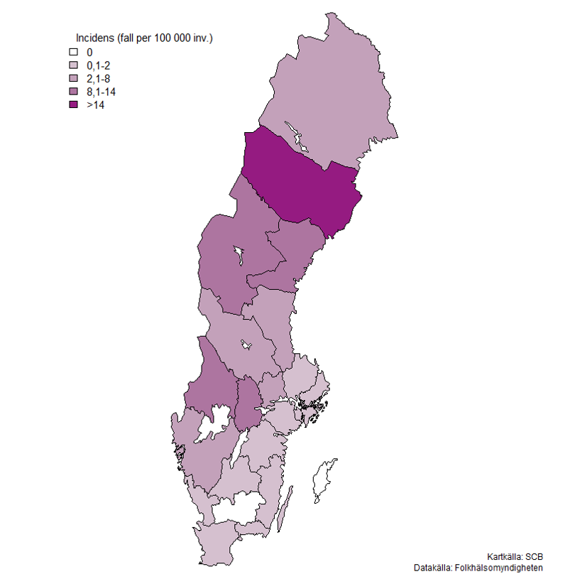Karta som visar att incidensen var h&ouml;gst i de norra och mellersta delarna av Sverige under 2025.