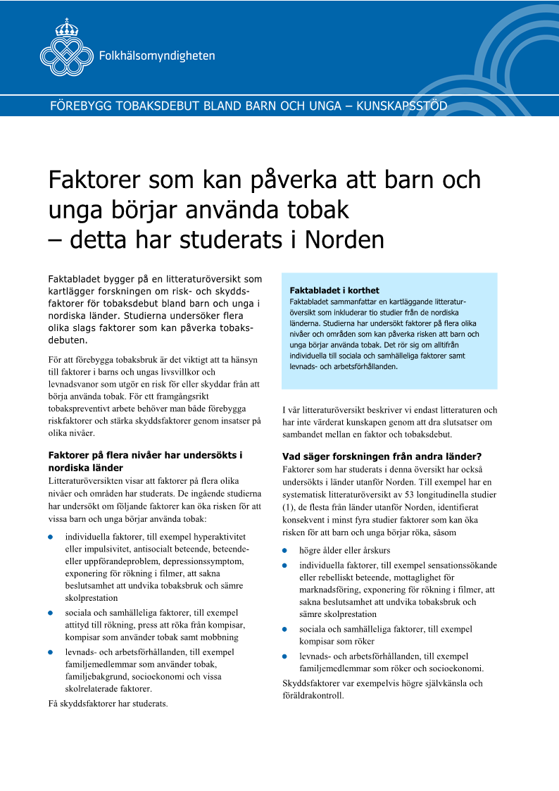 Faktorer som kan påverka att barn och unga börjar använda tobak – detta har studerats i Norden