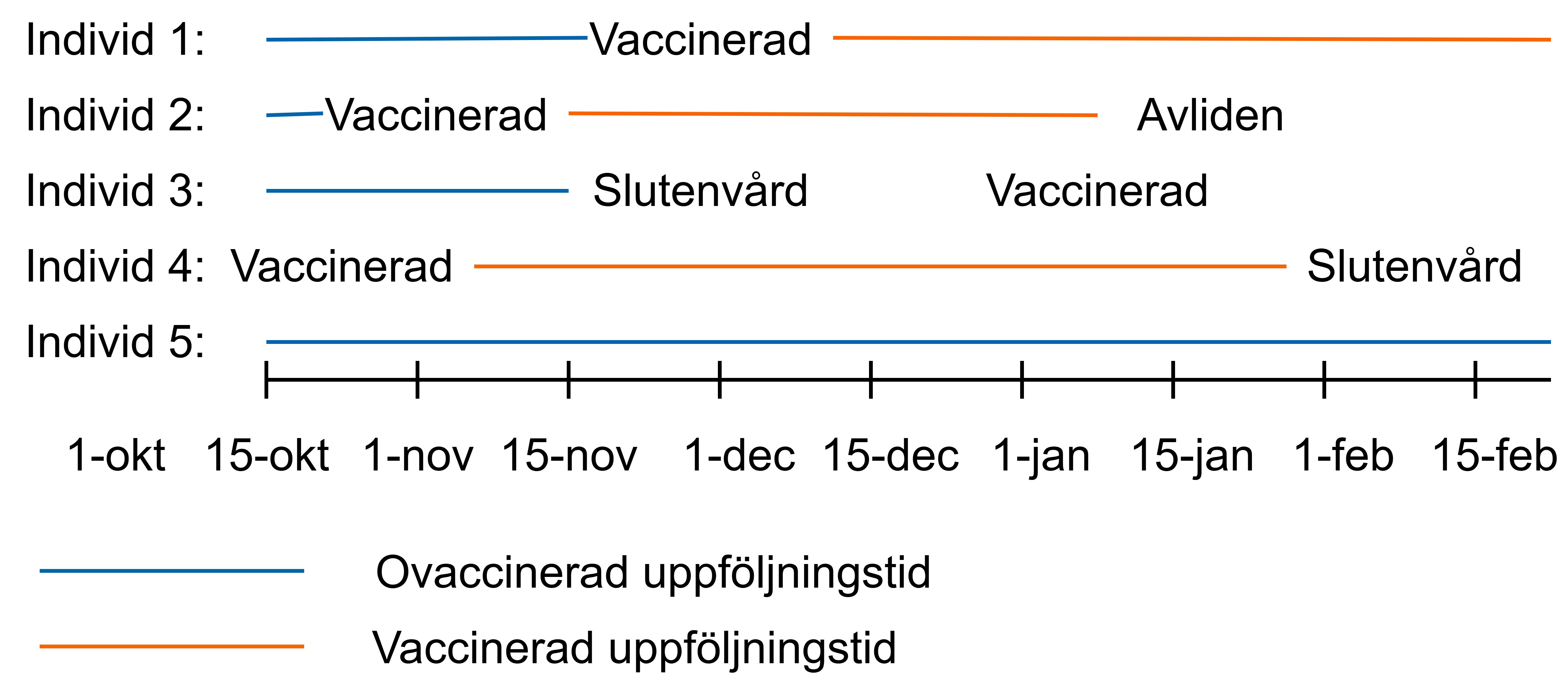 Individerna bidrog med ovaccinerad uppföljningstid fram till vaccination, och sedan med vaccinerad uppföljningstid fram till slutet av uppföljningstiden.