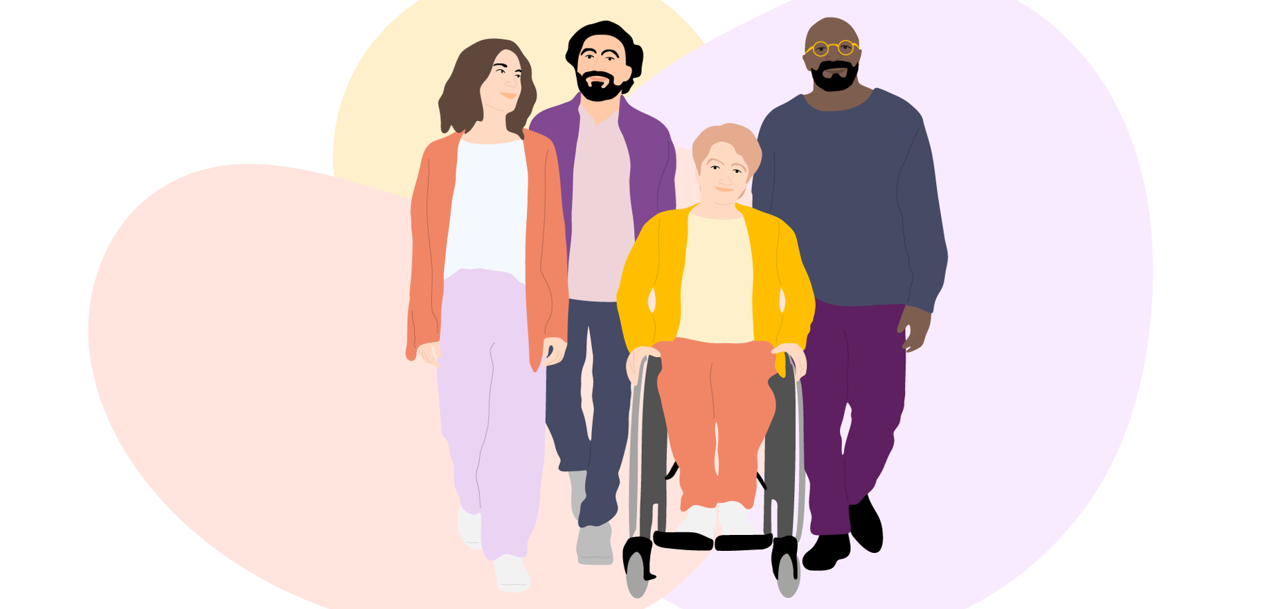 Teckning som visar en grupp människor, en sitter i rullstol