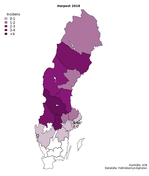 Figur 3. Karta över harpestincidens per region.