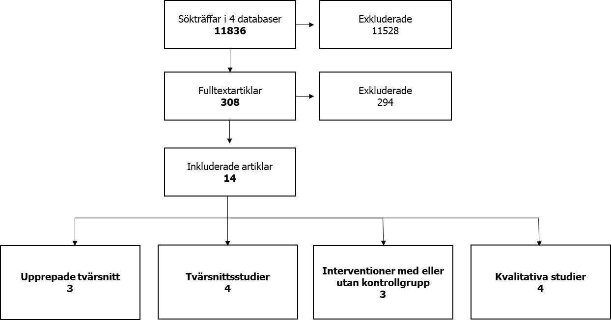 Litteratursökningen identifierade 11 836 studier efter rensning av dubbletter. I abstractgranskningen exkluderades 11528 studier och i fulltextgranskningen exkluderades 294 av 308 artiklar. Totalt 14 artiklar bedömdes som relevanta efter granskning av abstrakt och fulltext. Av dessa 14 var 3 longitudinella studier, 4 tvärsnittsstudier, 3 interventionsstudier och 4 kvalitativa studier