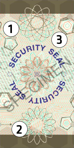 Äkthetsdetaljer på säkerhetsmärkning med måtten 16x32 millimeter.