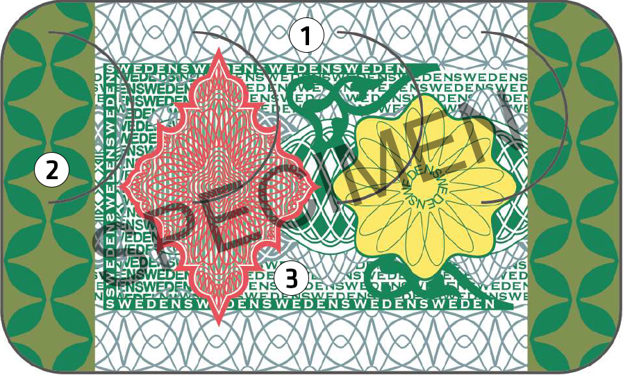 Äkthetsdetaljer på en säkerhetsmärkning med måtten 12x20 millimeter. 