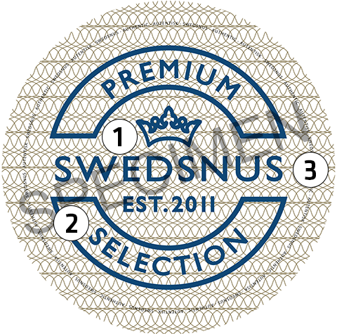 Äkthetsdetaljer på en rund säkerhetsmärkning med måttet 35 millimeter i diameter.