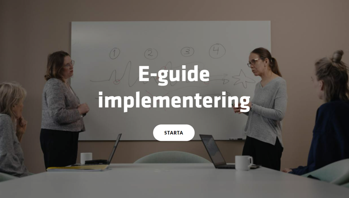 Fyra kvinnor i ett konferensrum, texten E-guide implementering