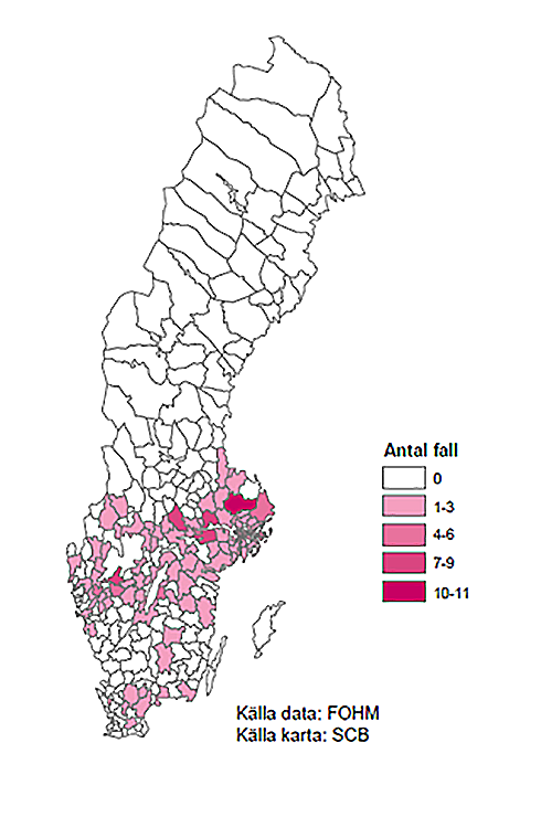 Karta som visar antal smittade per kommun. Flest smittade finns i Svealand.