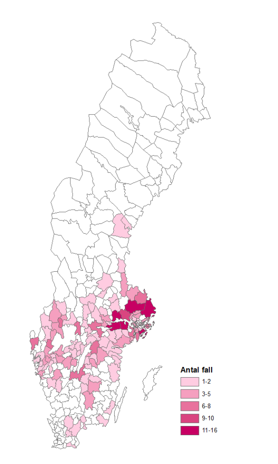 Kartan visar antalet rapporterade fall per smittkommun år 2022. Fall av TBE förekommer numera från Gävle kommun och söderut i Sverige. Flest fall rapporteras ha smittats runt Mälaren. 
