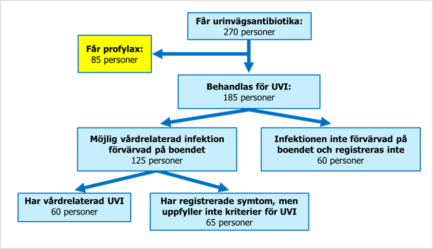 Schematisk bild som visar antibiotika ordinerad i relation till registrering av vårdrelaterade urinvägsinfektioner.