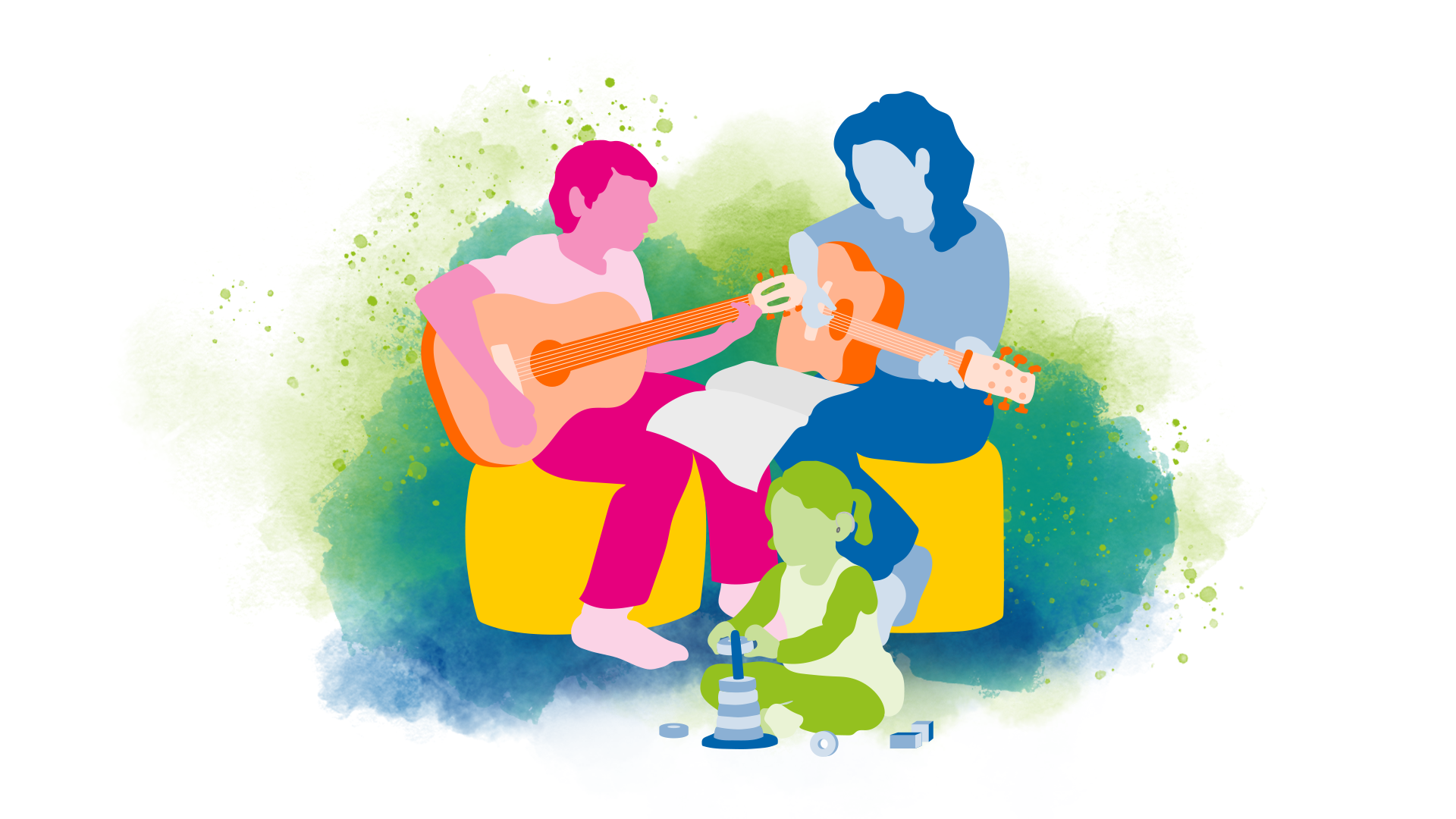 En mamma och en son som sitter ned och spelar gitarr tillsammans medans ett yngre barn leker på golvet nedanför dem.
