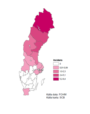 Karta över fördelning av fall med sorkfeber. Norrland dominerar.