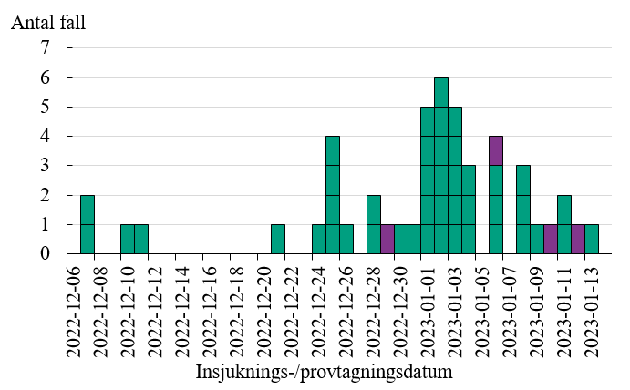 Figuren visar att de personer som identifierats tillhöra utbrottet har insjuknat eller provtagits 7 december 2022 till 13 januari 2023