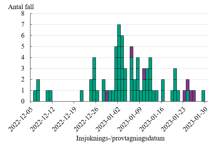 Figuren visar att de personer som identifierats tillhöra utbrottet har insjuknat eller provtagits 6 december 2022 till 29 januari 2023