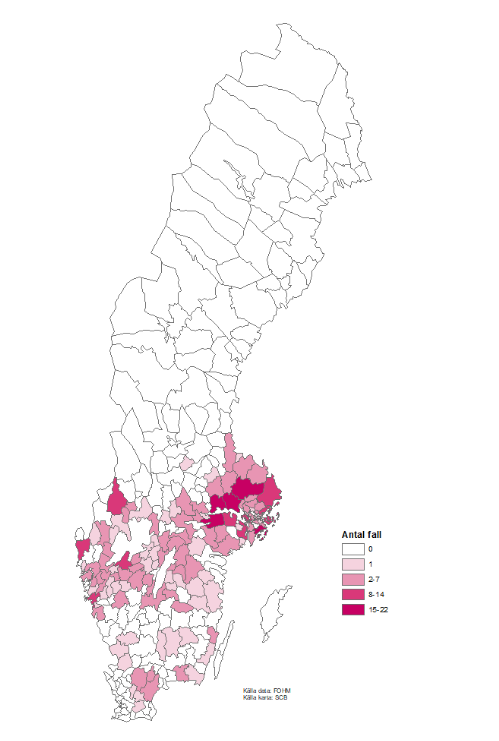 Kartdiagram över antalet smittade fall av TBE per kommun 2021.