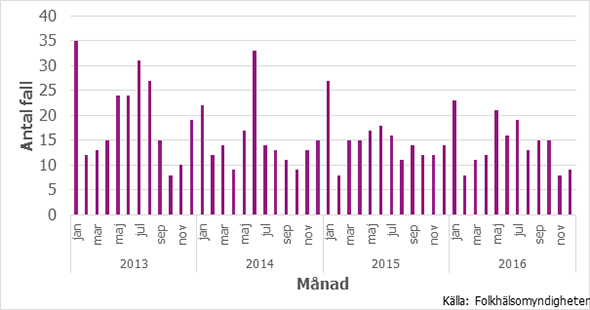 Antal fall av yersinia per månad åren 2013–2016
