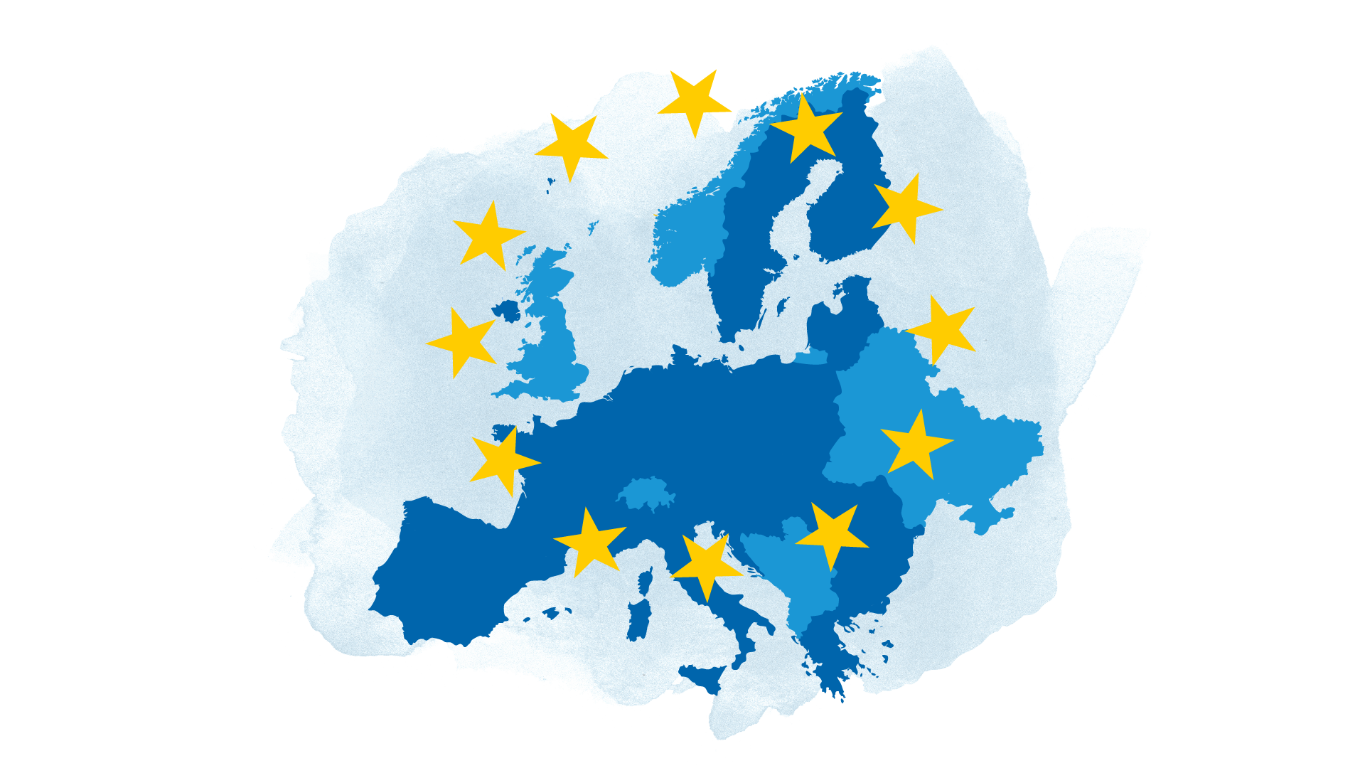 En bild som visar en karta &ouml;ver Europa i bakgrunden och framf&ouml;r kartan syns de tolv gula stj&auml;rnorna fr&aring;n EU-flaggan. 