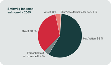 Salmonella smittar huvudsakligen genom livsmedel