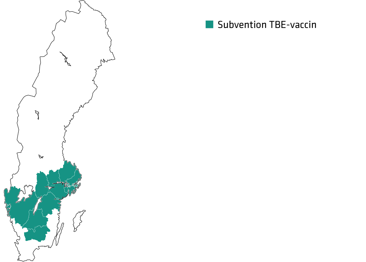 Regioner som subventionerar vaccination mot TBE.  Se texten i anslutning till bilden.